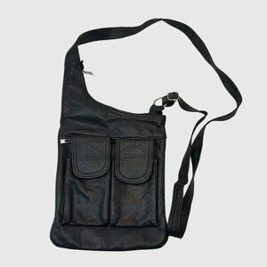 Black Faux Leather Crossbody Sling Bag Travel Utility Chest Pack Messenger Purse